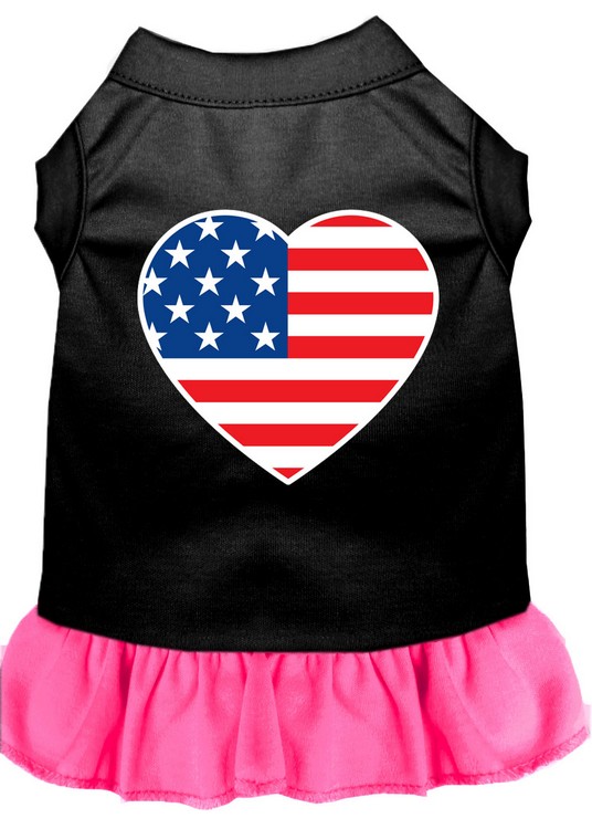 American Flag Heart Screen Print Dress Black with Bright Pink XS